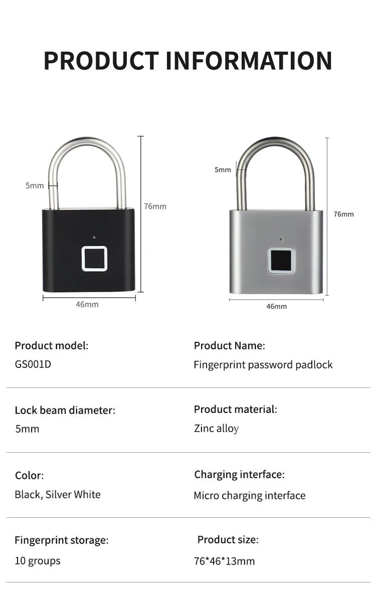 Quick Shipment Portable Safety High Sensitivity Ultra-long Endurance Gym Suitcase Smart Fingerprint Padlock